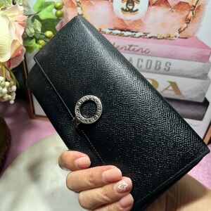 BVLGARI clip leather long bifold black wallet GUC
